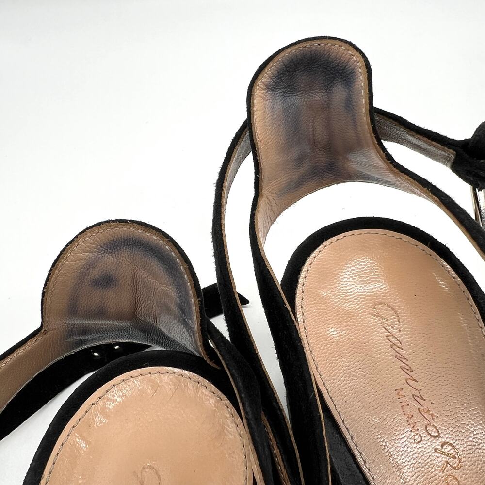 GIANVITO ROSSI Strappy Sandal Womens 40 Black Suede Mid Block Heeled Criss Cross - Picture 10 of 11